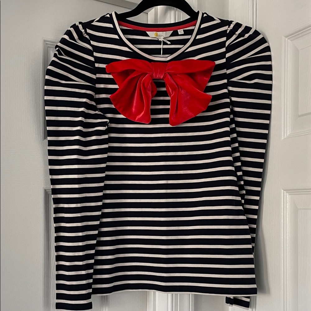 NWT Boden Navy and White Striped Top with Red Bow
